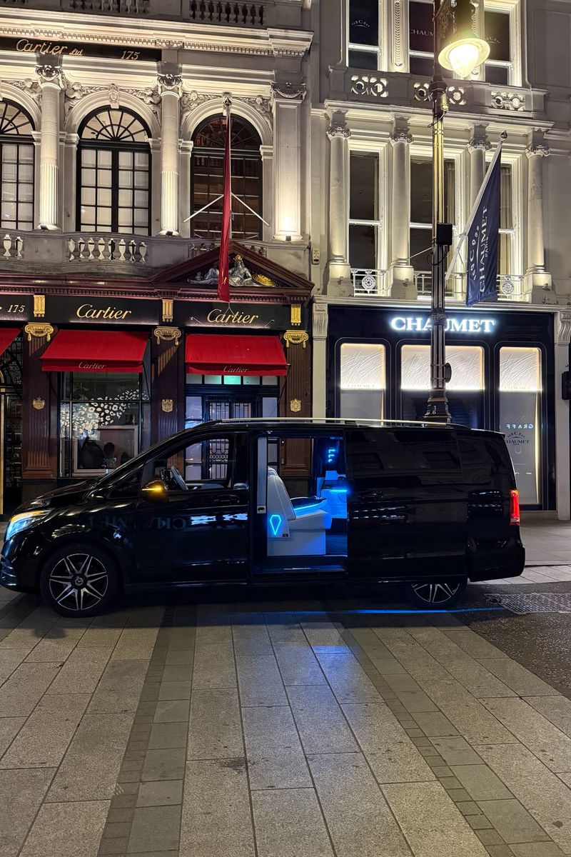 Heylux Mercedes V-Class parked on Bond Street, London, at night