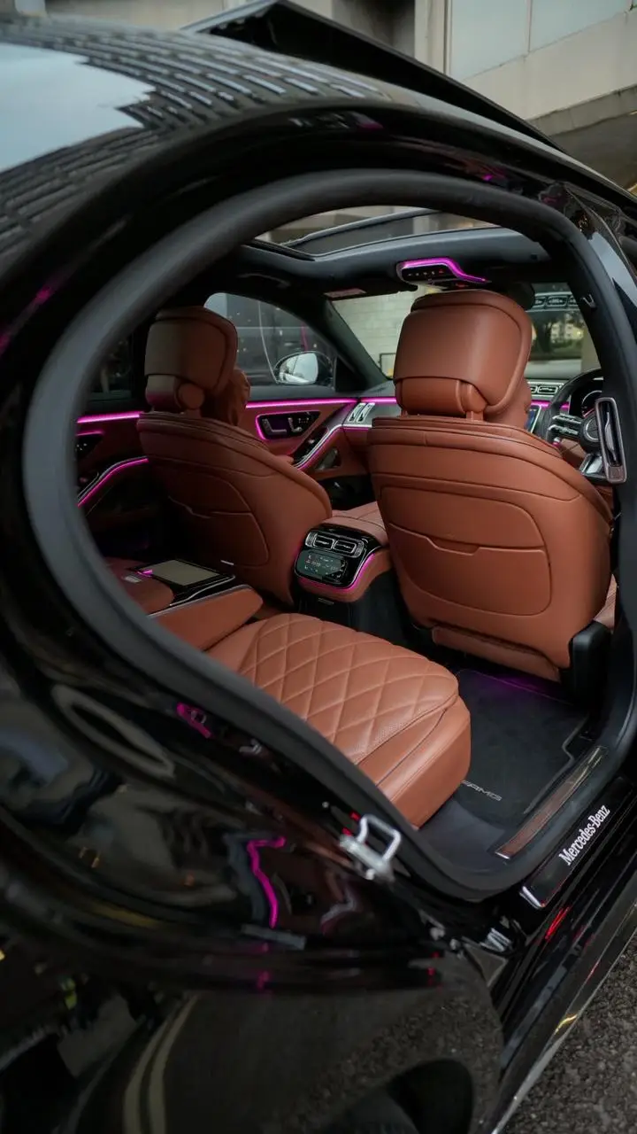 Mercedes S-Class rear cabin with quilted cognac leather seats