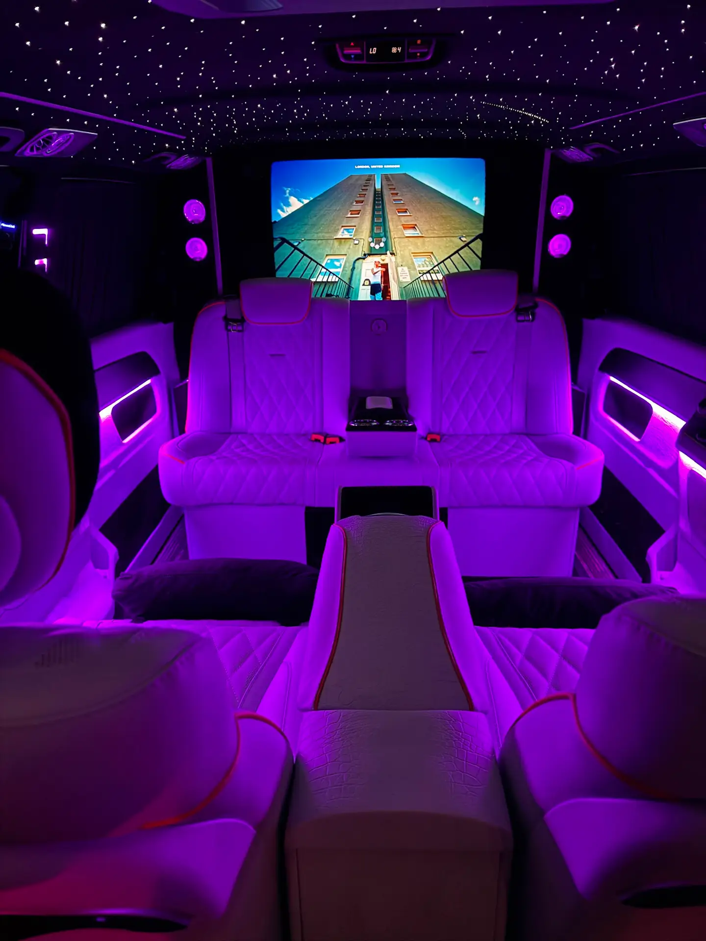 Mercedes Jet Class interior rear lounge with cinema screen and starlight roof