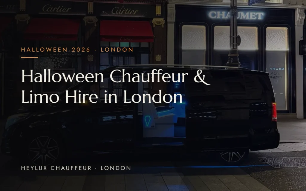 Heylux luxury chauffeur car on Bond Street at night for Halloween chauffeur and limo hire in London