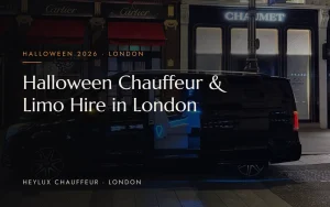 Heylux luxury chauffeur car on Bond Street at night for Halloween chauffeur and limo hire in London