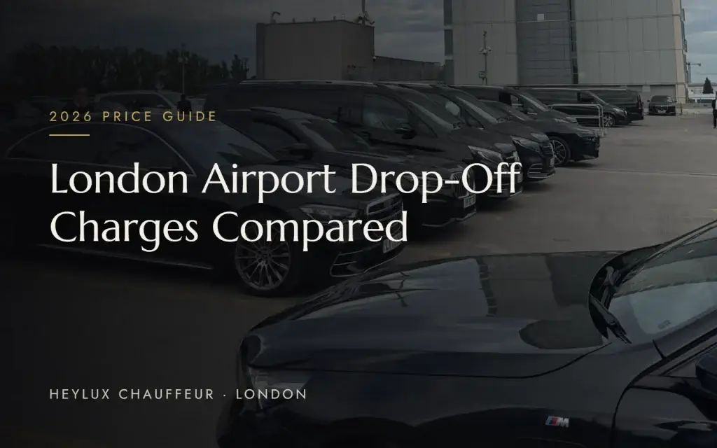 Heylux chauffeur cars at a London airport, illustrating 2026 airport drop-off charges at Heathrow, Gatwick, Stansted, Luton and London City